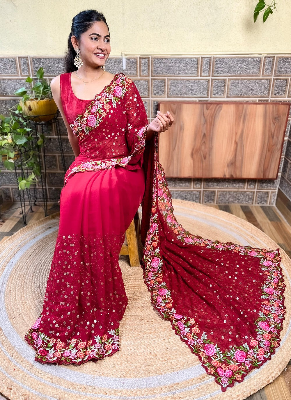 Hot Pink Georgette Traditional Saree Embroidered, Multi Work, Sequins, Thread S16108