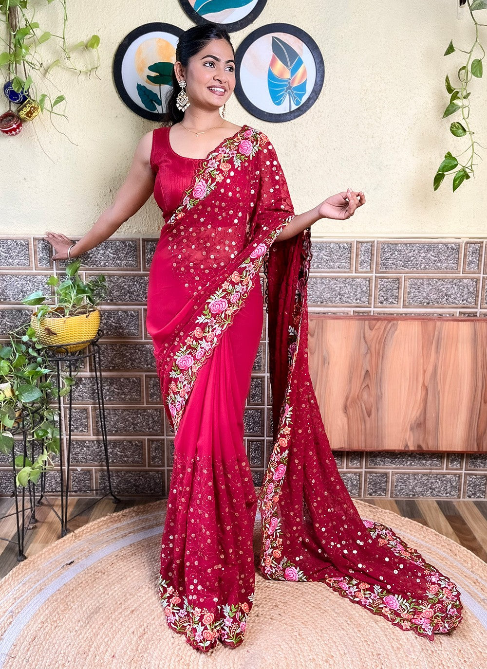 Hot Pink Georgette Traditional Saree Embroidered, Multi Work, Sequins, Thread S16108