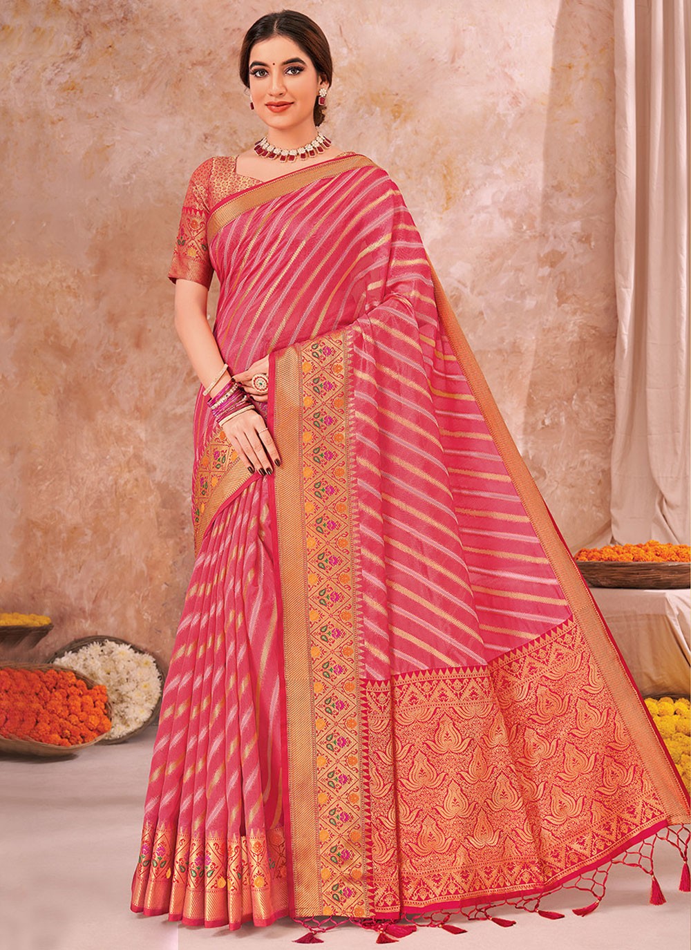 Contemporary Weaving Zari Hot Pink Organza Saree S13470