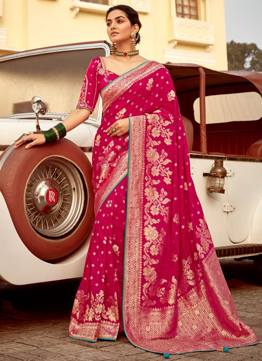 Weaving Zari Pure Dola Hot Pink Saree S14215