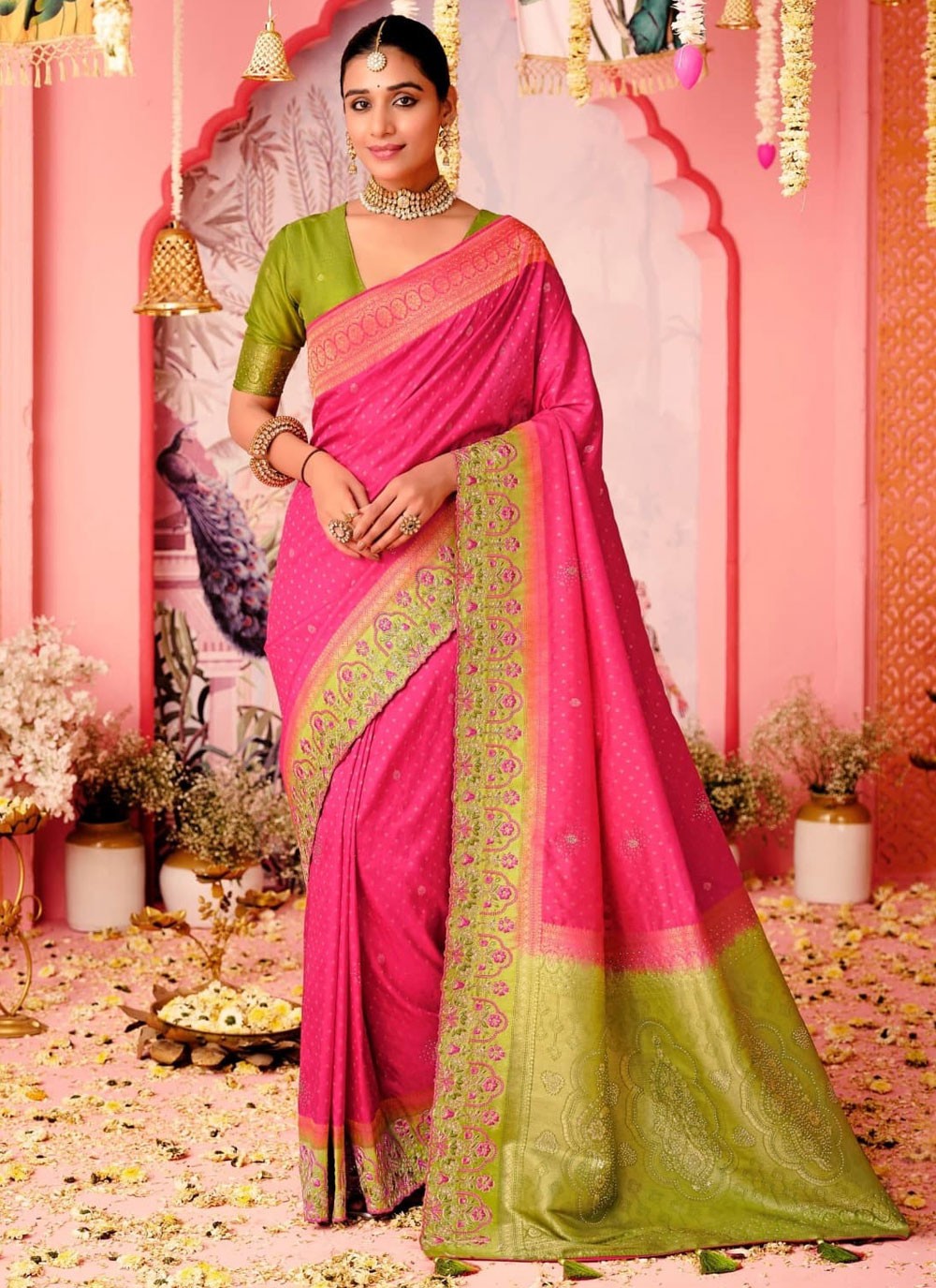 Designer Embroidered Hot Pink Pure Dola Saree S12693