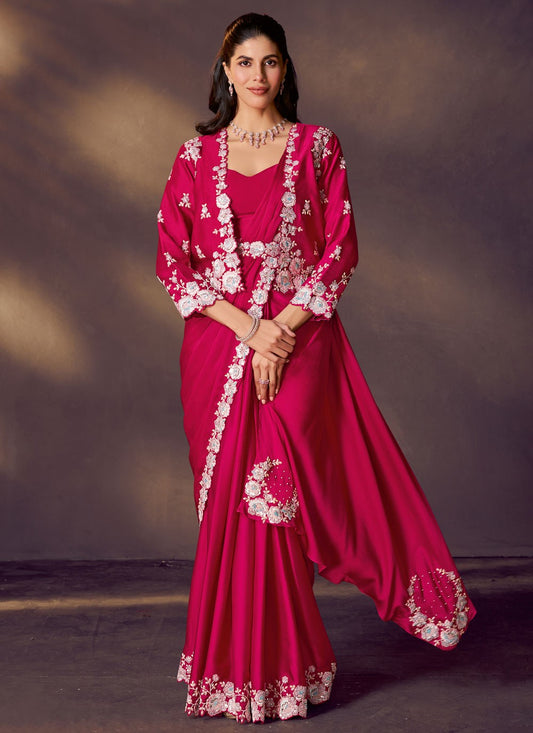 Hot Pink Satin Silk Classic Saree Embroidered, Pearls, Sequins S20478