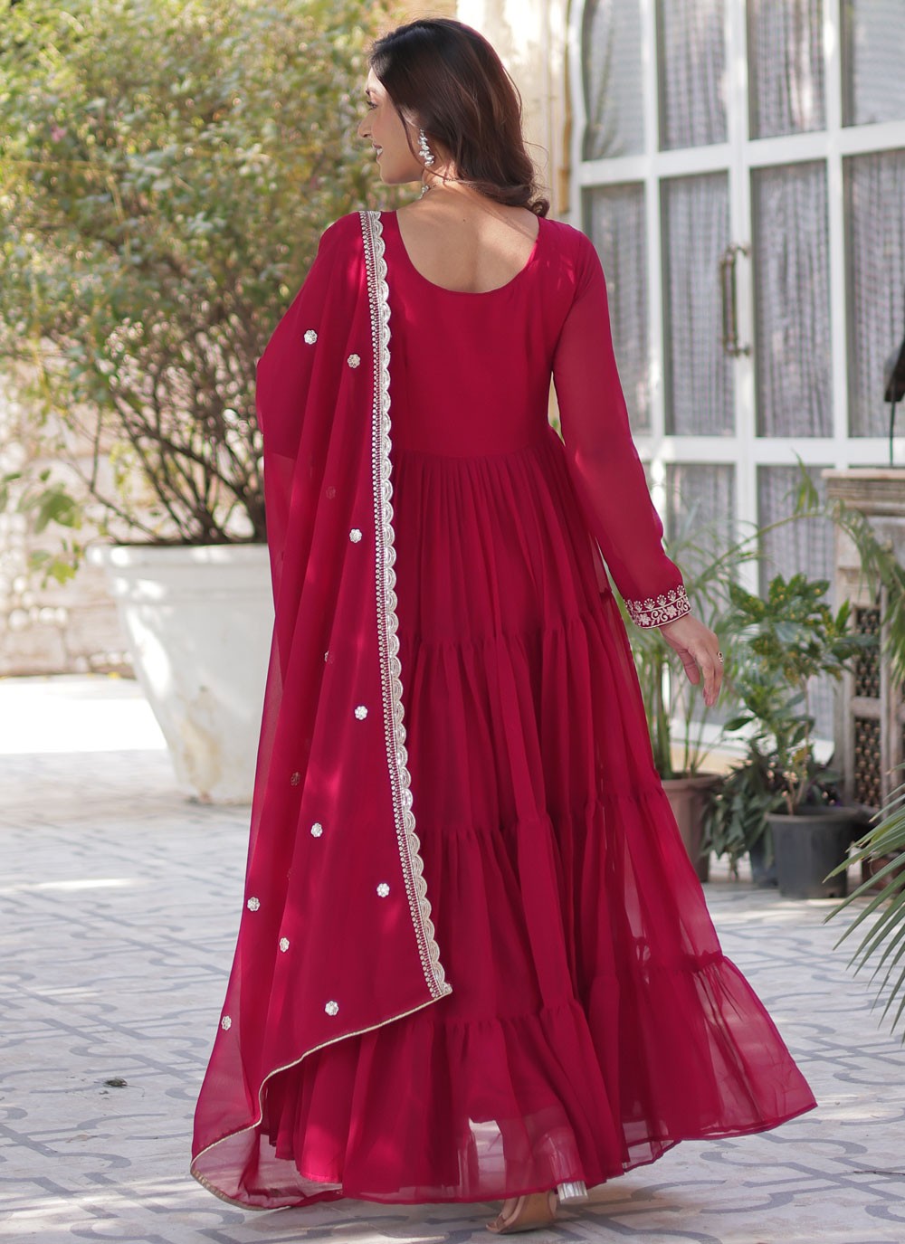 Embroidered Faux Georgette Hot Pink Gown G19797