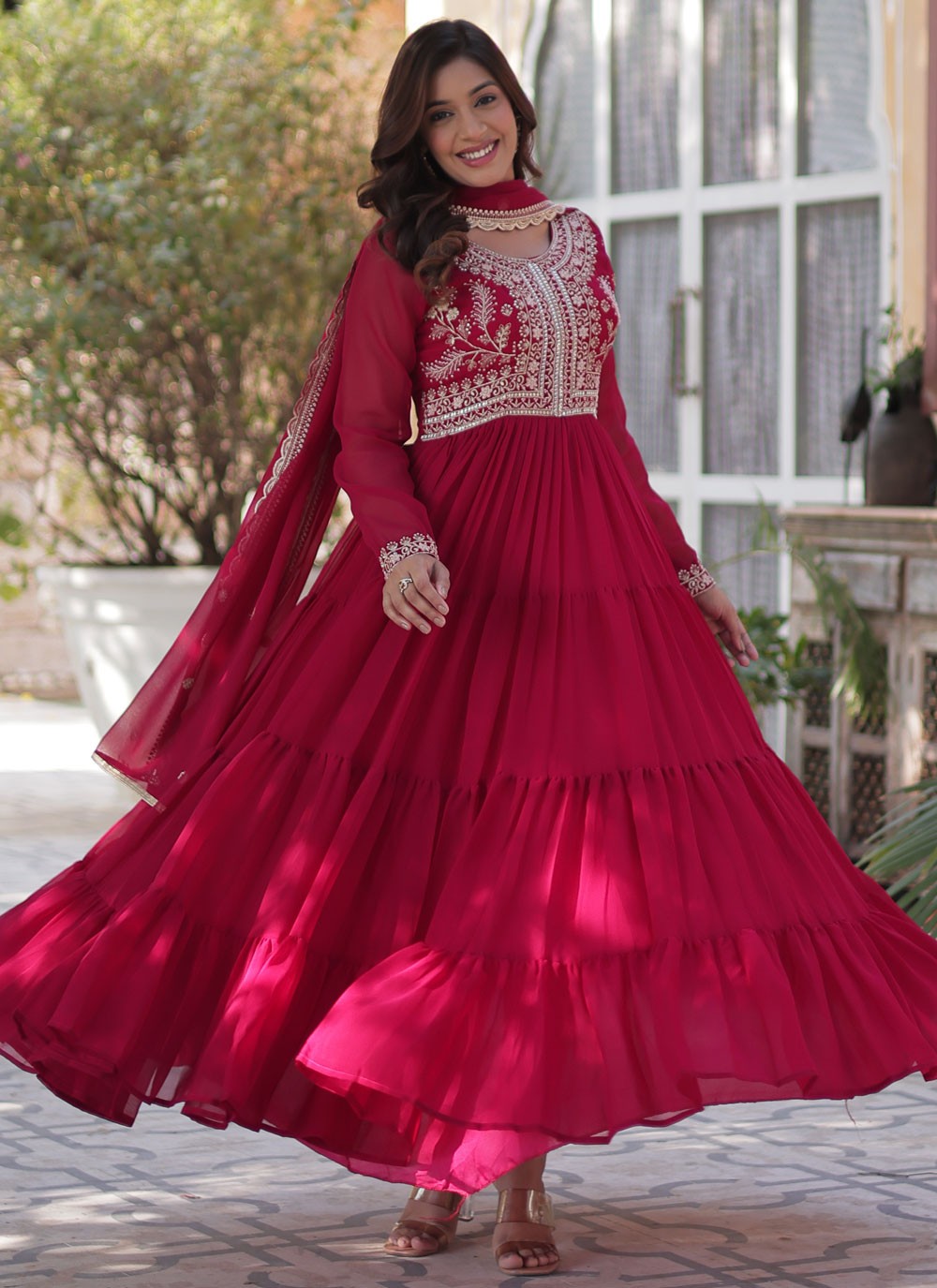 Embroidered Faux Georgette Hot Pink Gown G19797