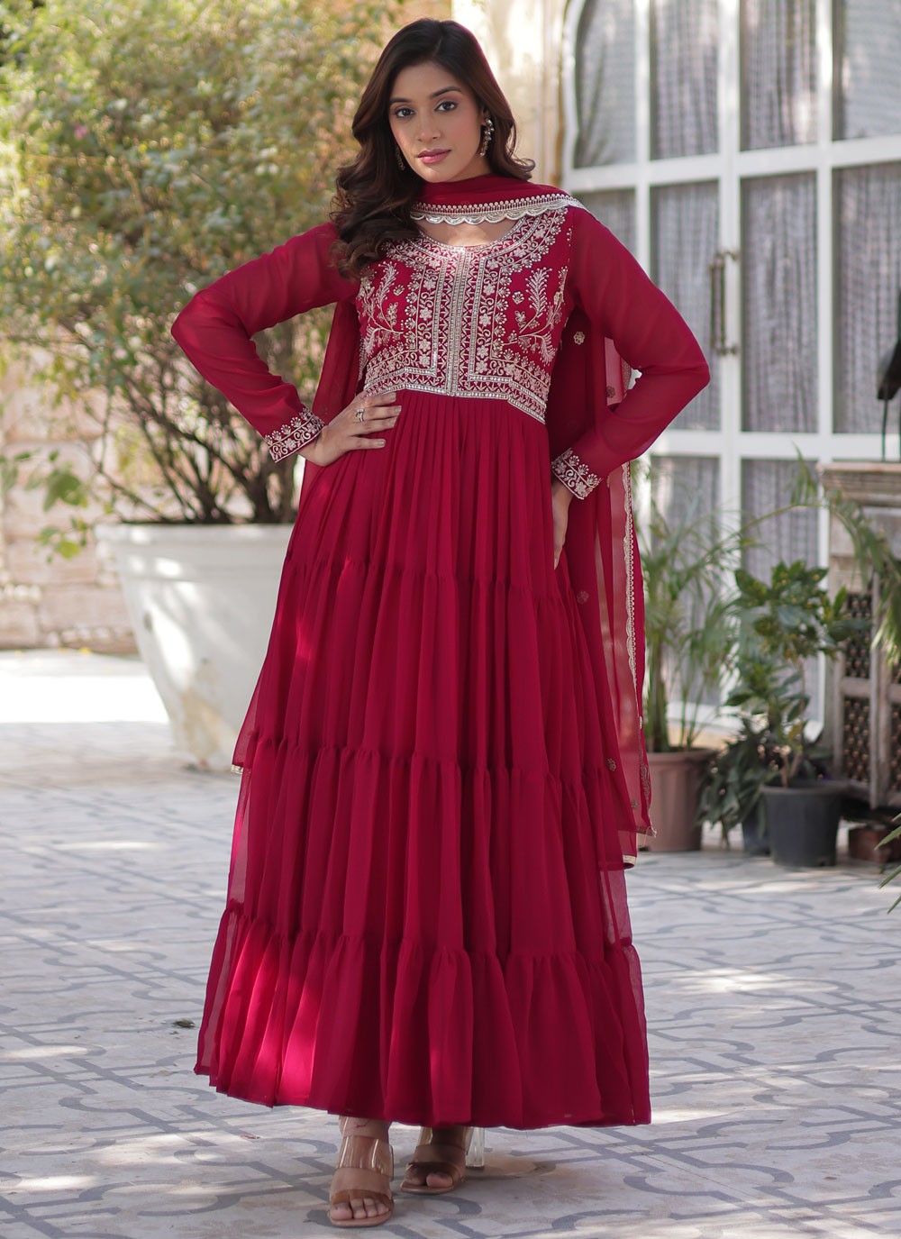 Embroidered Faux Georgette Hot Pink Gown G19797