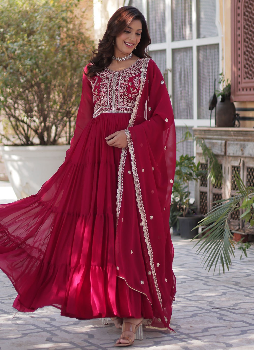 Embroidered Faux Georgette Hot Pink Gown G19797