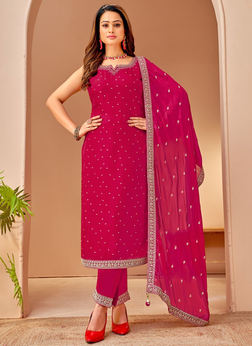Pant Style Suit Embroidered, Sequins, Zari Hot Pink T7436