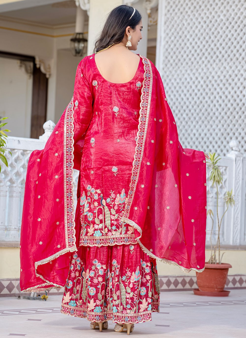 Sharara Suit Embroidered, Sequins Hot Pink T7700