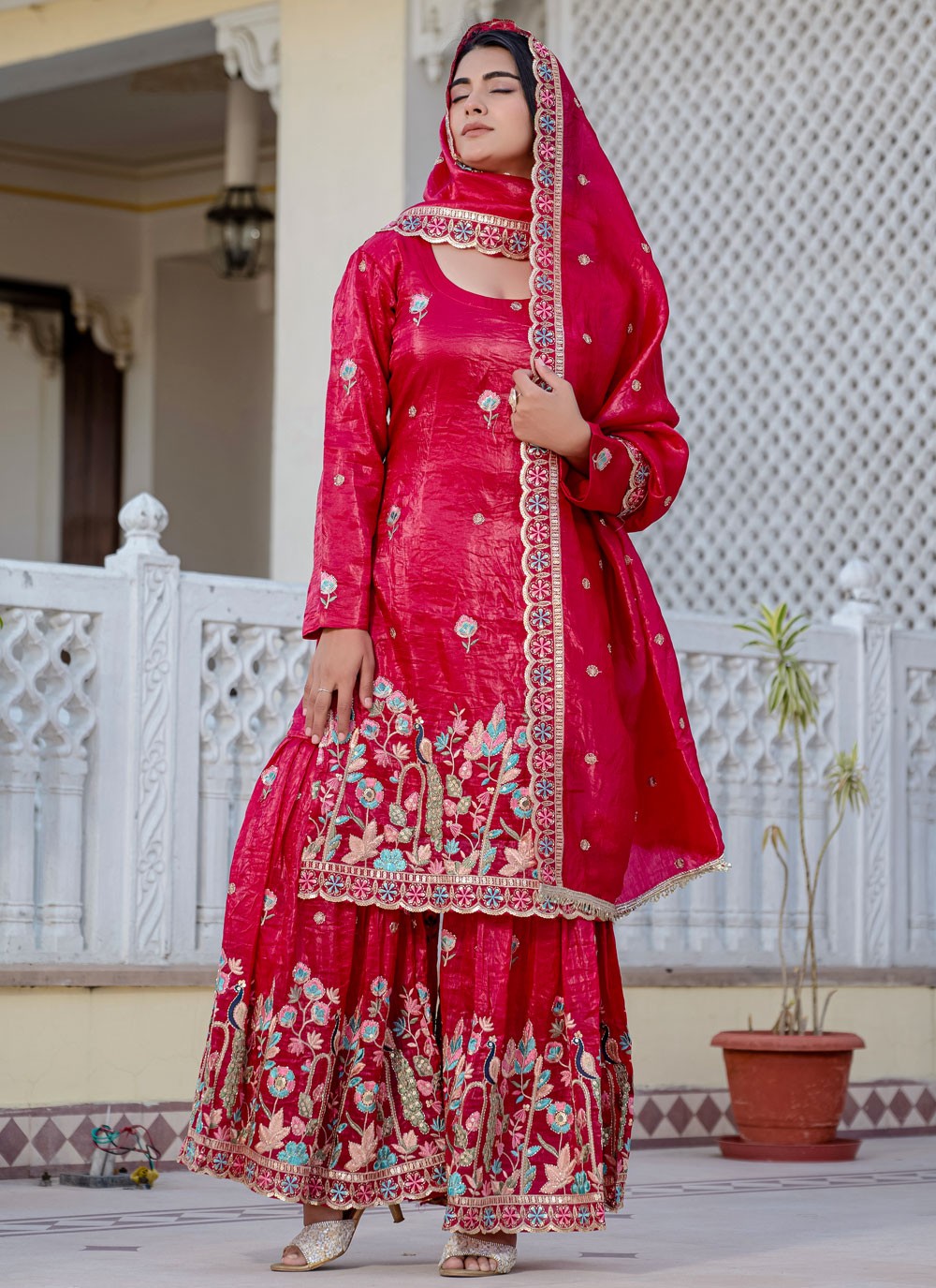 Sharara Suit Embroidered, Sequins Hot Pink T7700