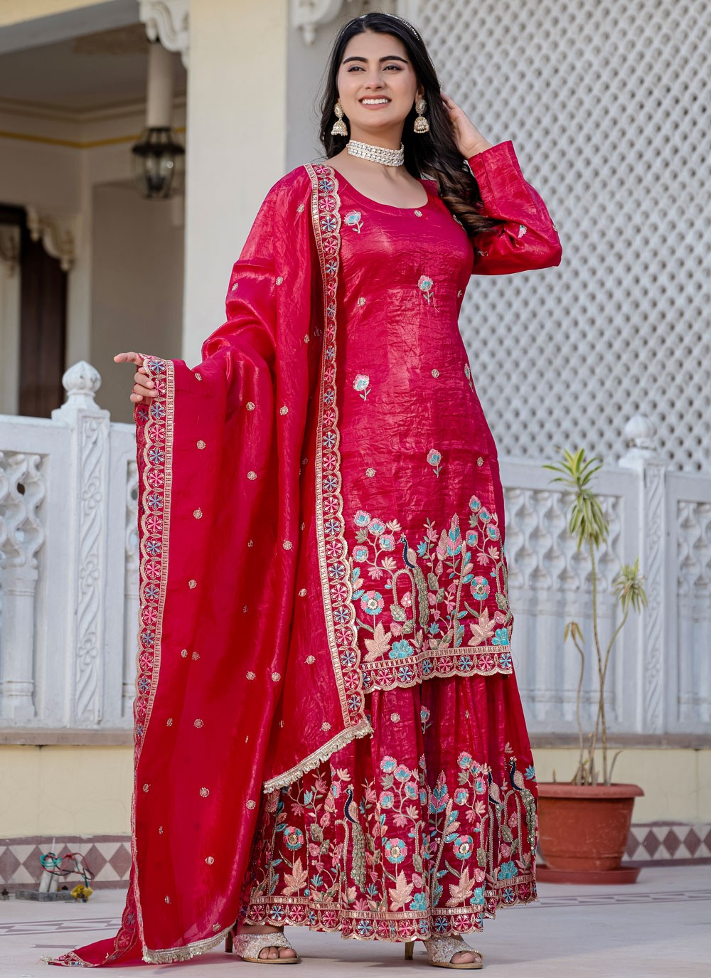 Sharara Suit Embroidered, Sequins Hot Pink T7700