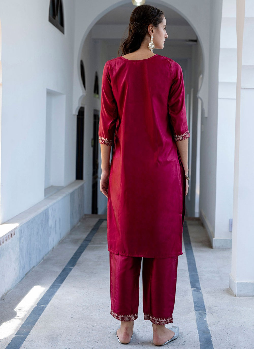 Pant Style Suit Embroidered Hot Pink T7164