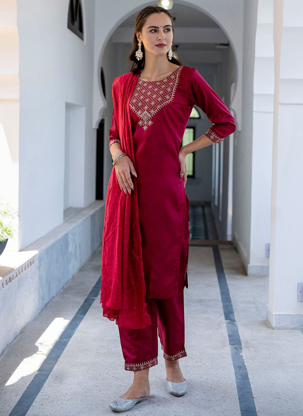 Pant Style Suit Embroidered Hot Pink T7164