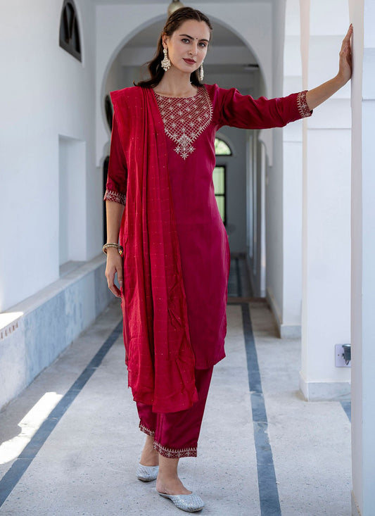 Pant Style Suit Embroidered Hot Pink T7164
