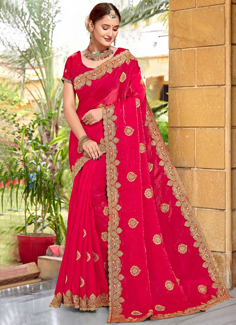 Embroidered Silk Hot Pink Saree S14673