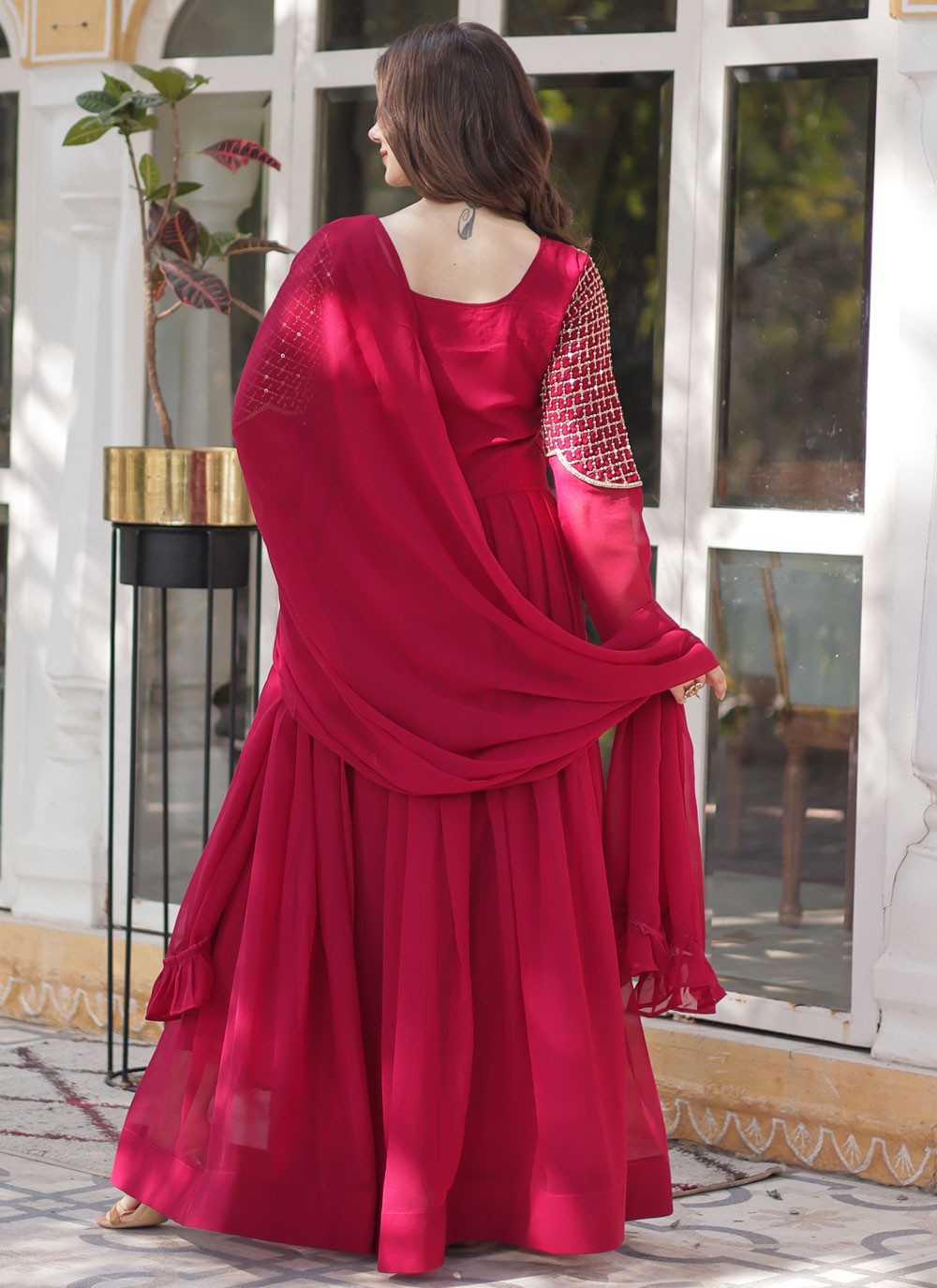 Embroidered Faux Georgette Hot Pink Gown G19817