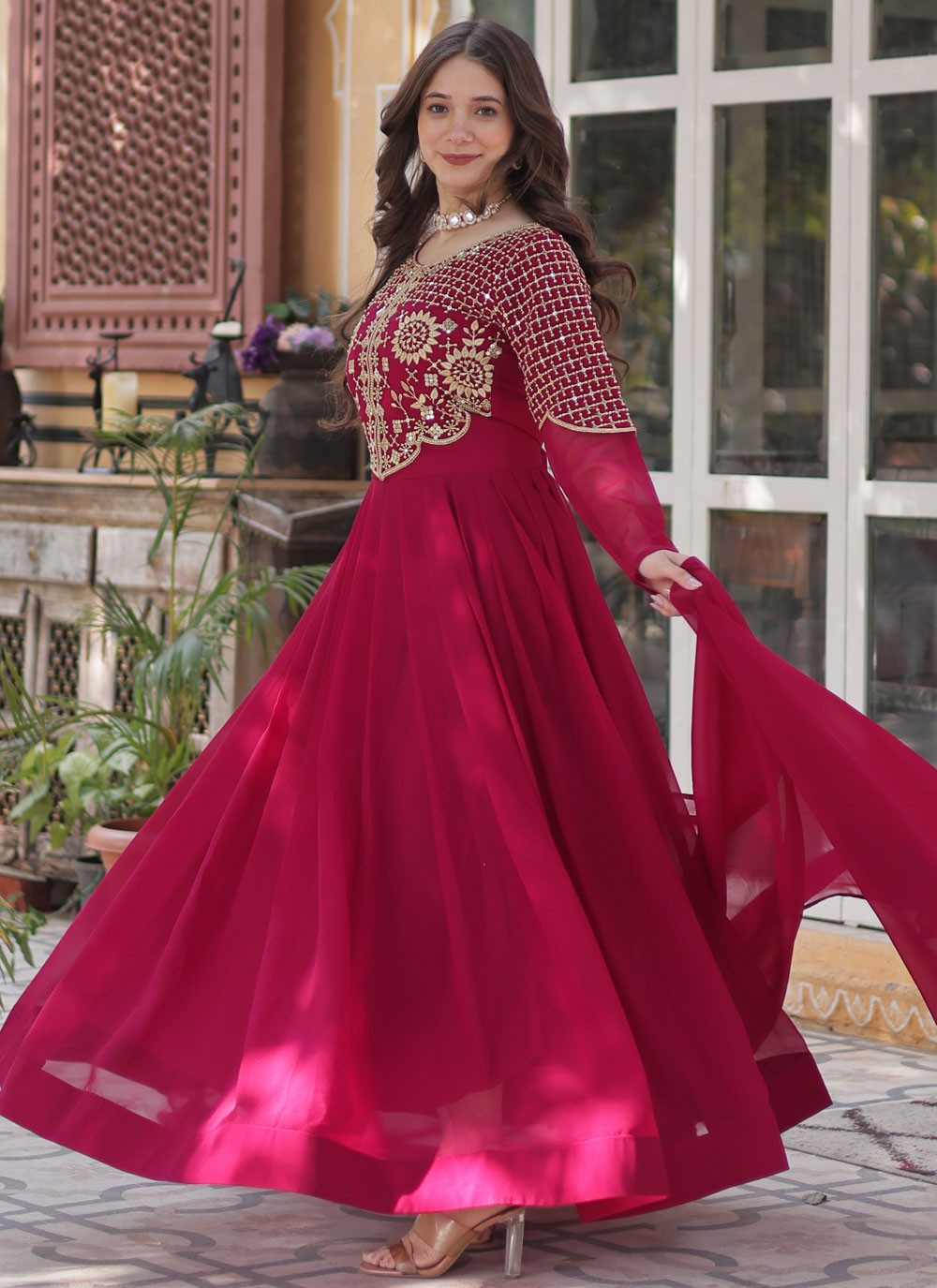 Embroidered Faux Georgette Hot Pink Gown G19817