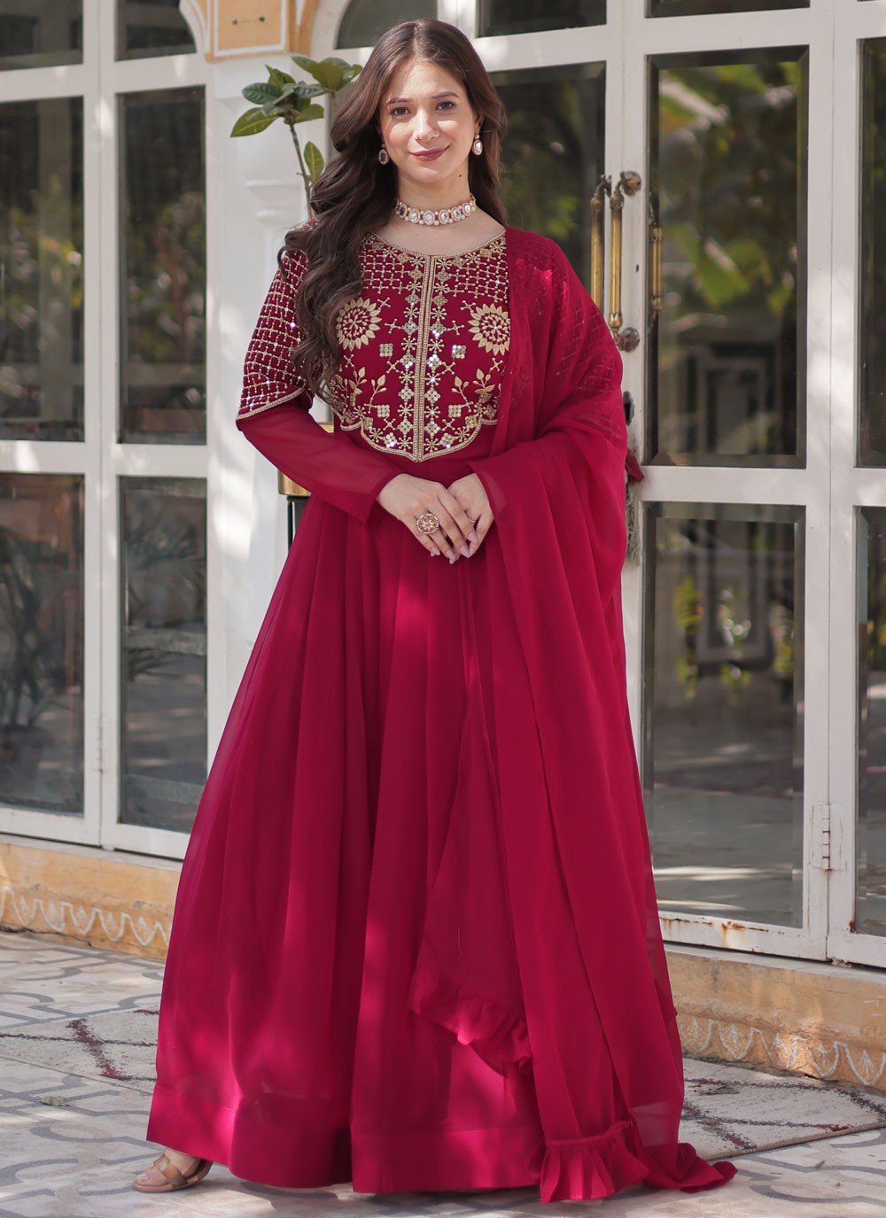 Embroidered Faux Georgette Hot Pink Gown G19817