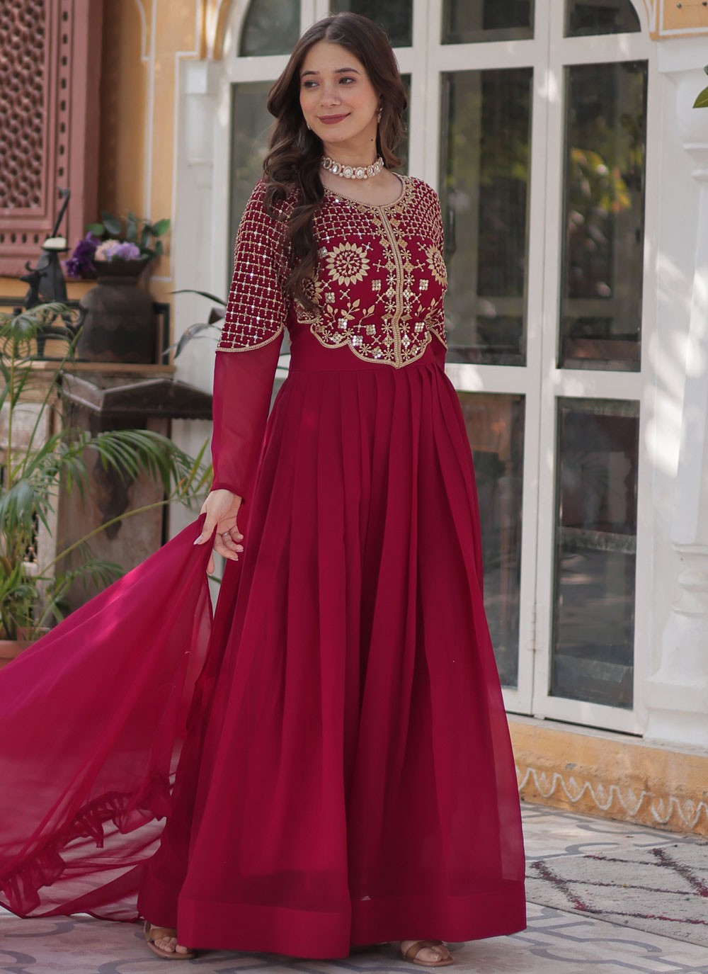 Embroidered Faux Georgette Hot Pink Gown G19817