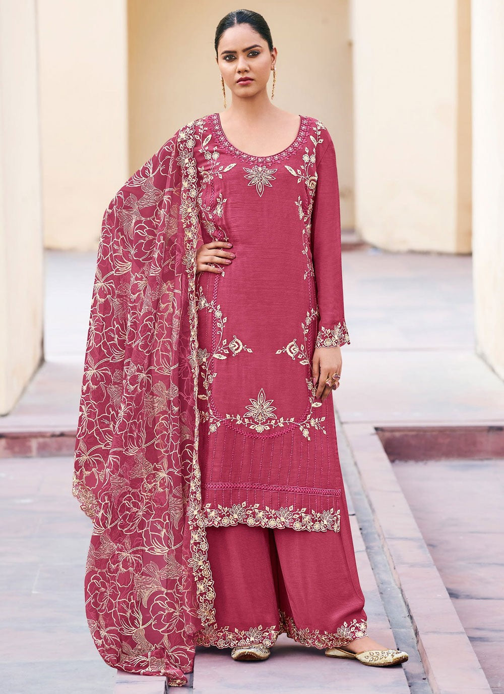 Palazzo Suit Embroidered Hot Pink T7670