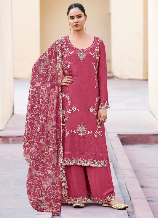 Palazzo Suit Embroidered Hot Pink T7670