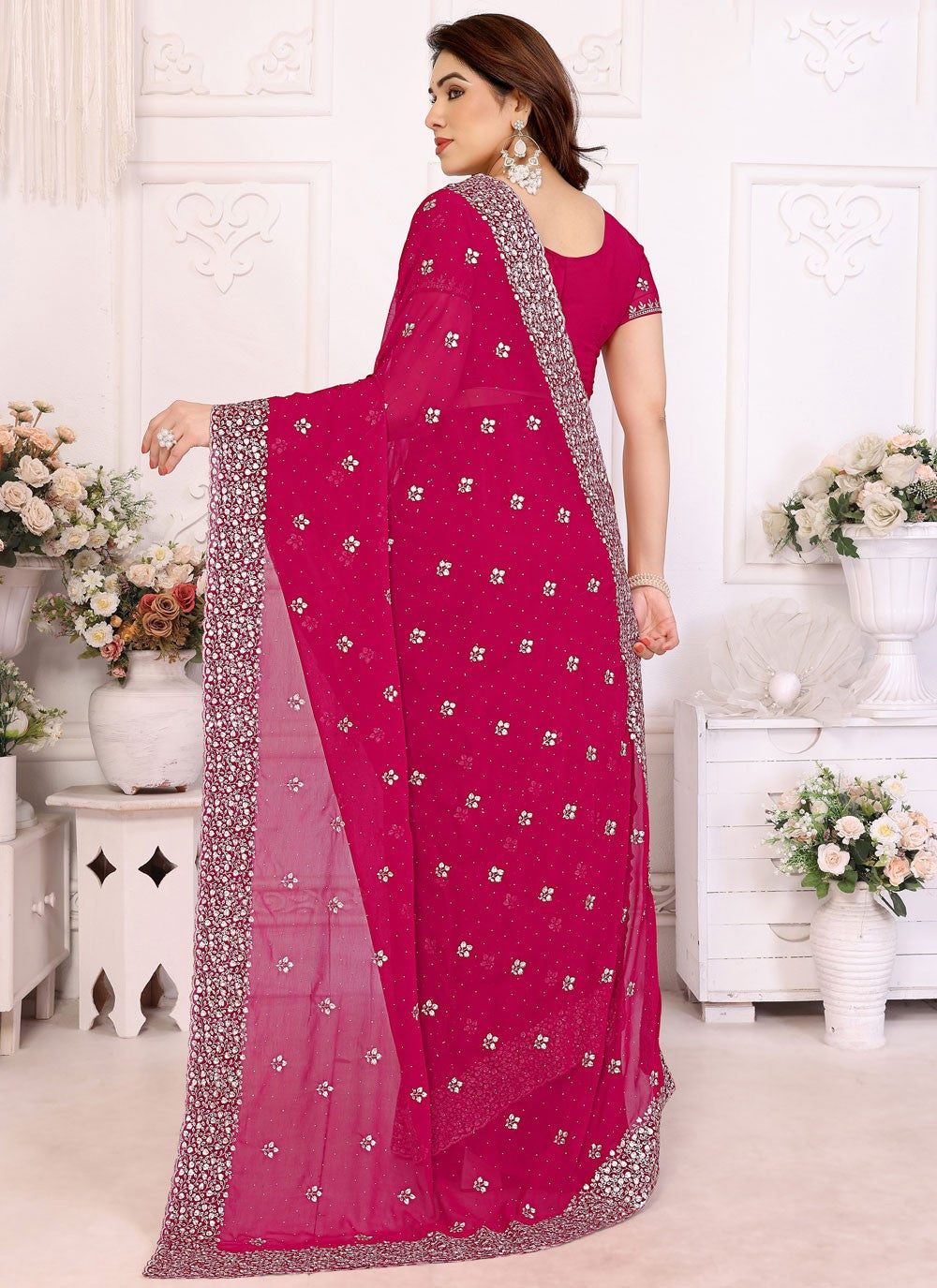 Embroidered Georgette Hot Pink Designer Saree S14991