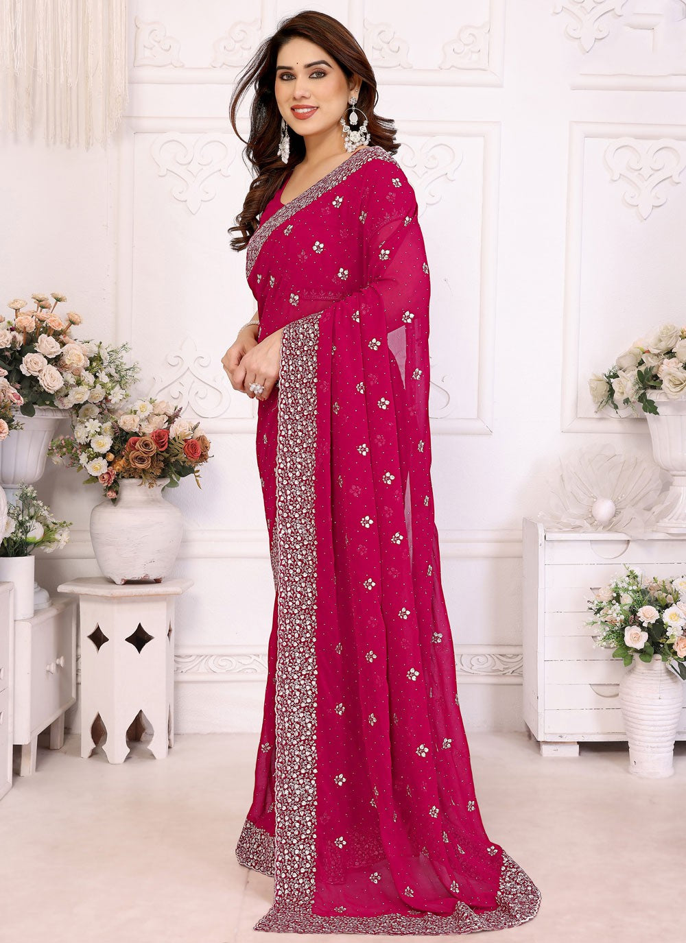 Embroidered Georgette Hot Pink Designer Saree S14991