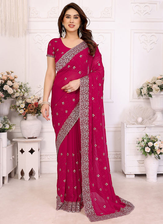 Embroidered Georgette Hot Pink Designer Saree S14991