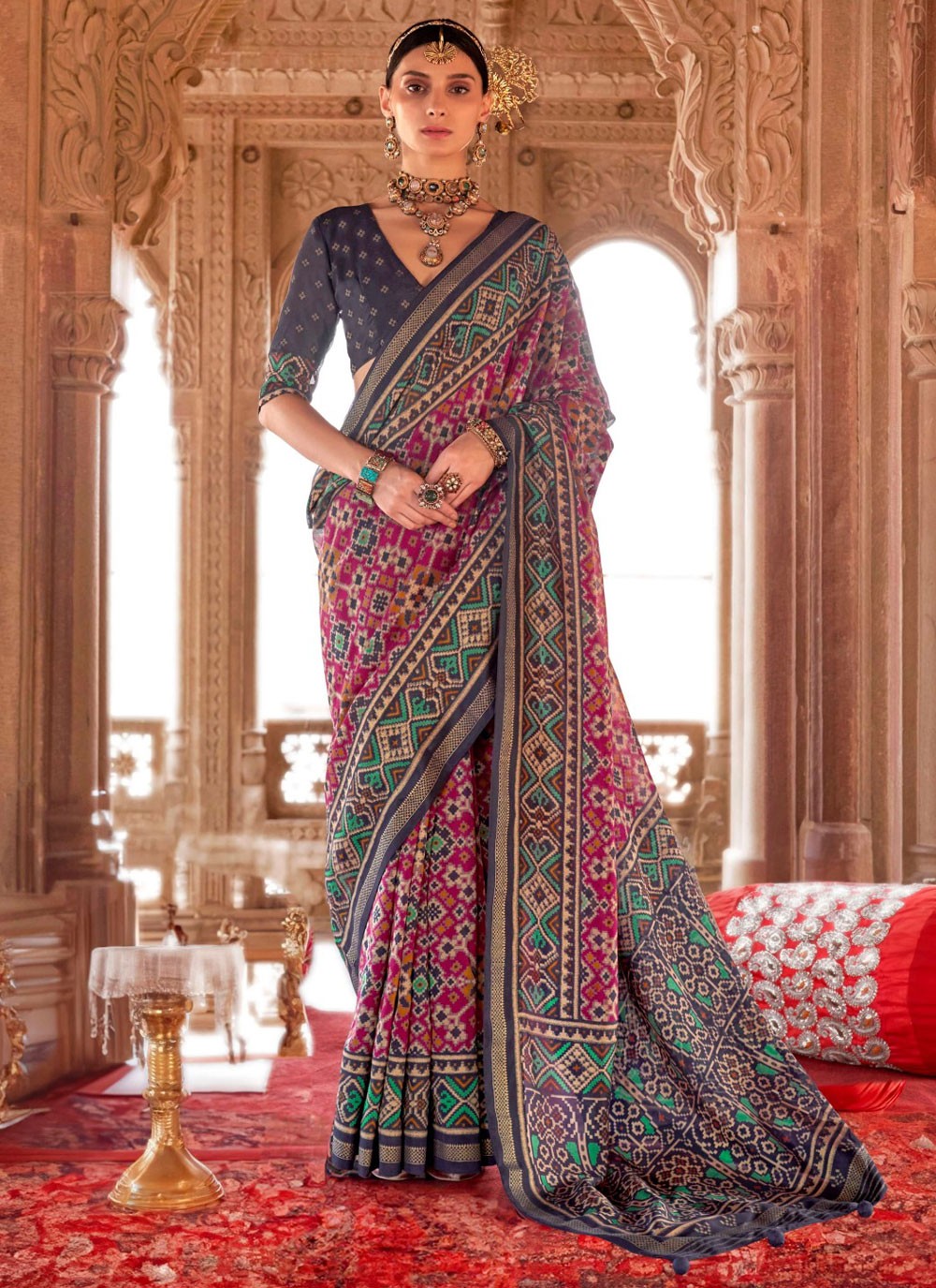 Traditional Geometric Print Hot Pink Georgette Saree S13195