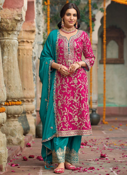 Salwar Suit Embroidered Hot Pink Chinon T5395