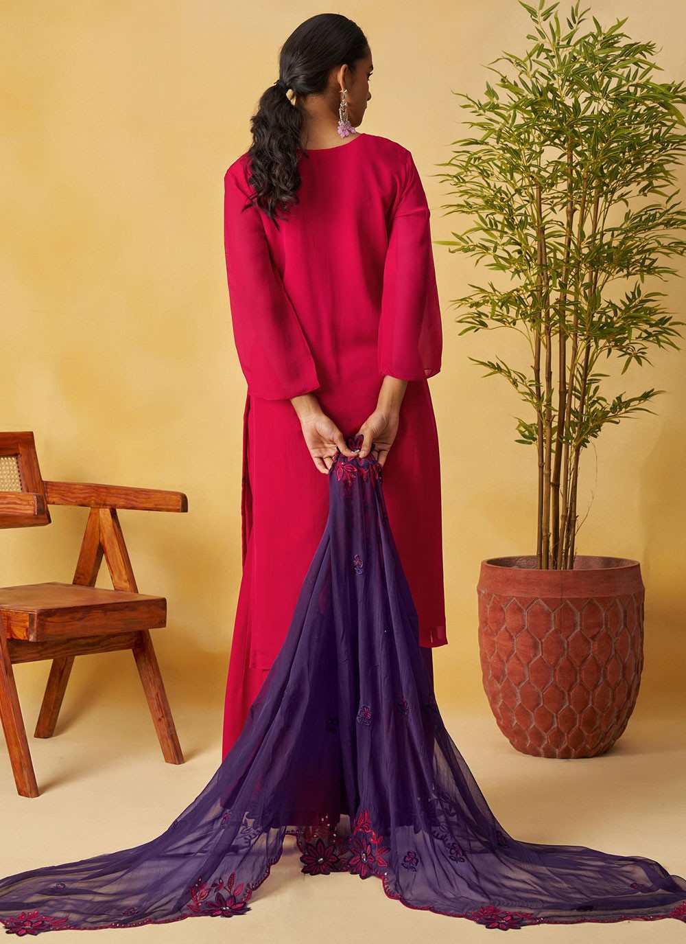 Palazzo Suit Embroidered Hot Pink T8892