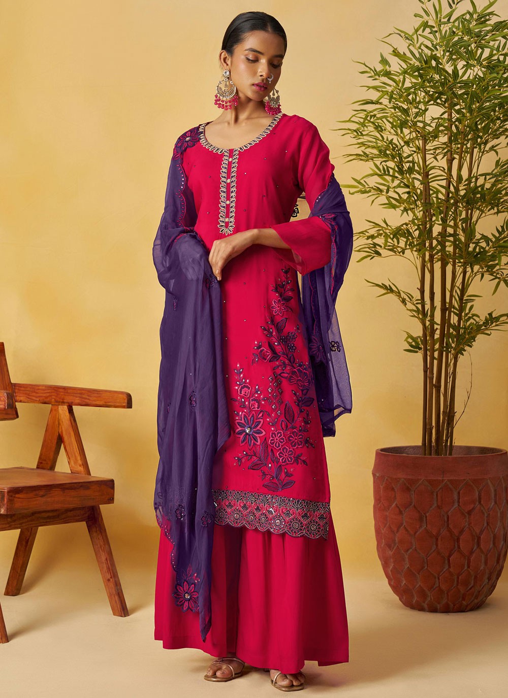 Palazzo Suit Embroidered Hot Pink T8892
