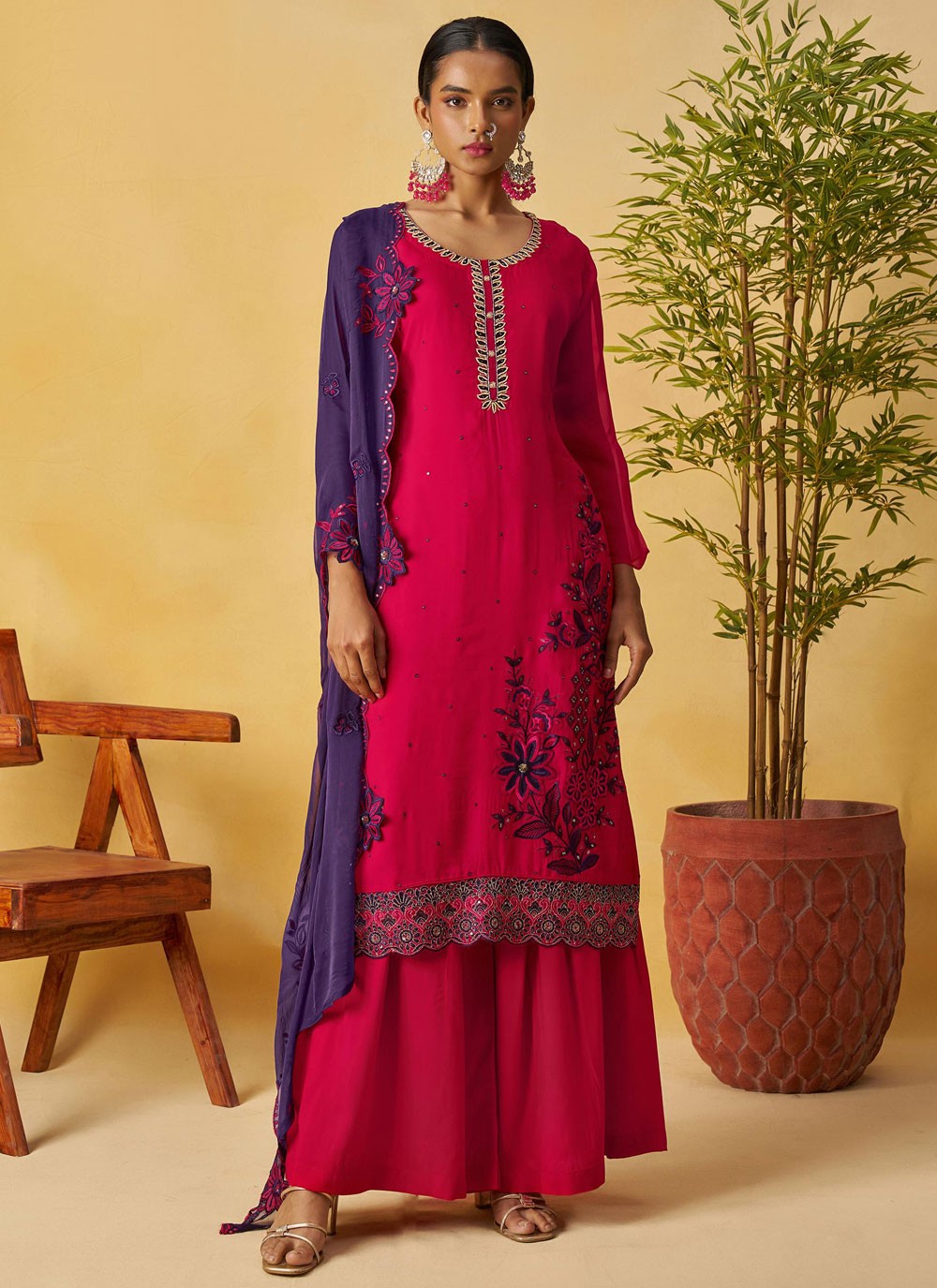 Palazzo Suit Embroidered Hot Pink T8892