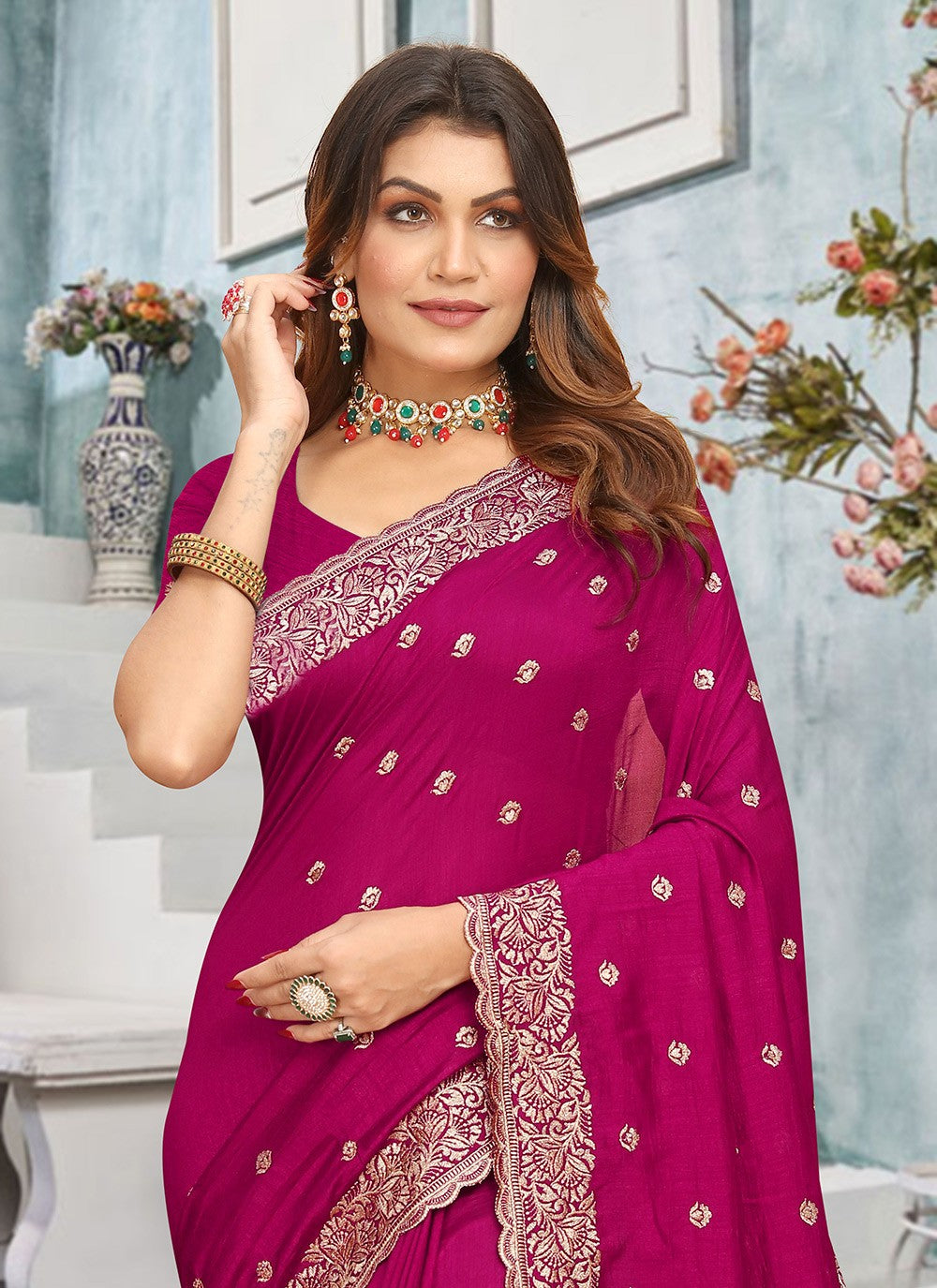 Traditional Embroidered Vichitra Silk Saree - S7737