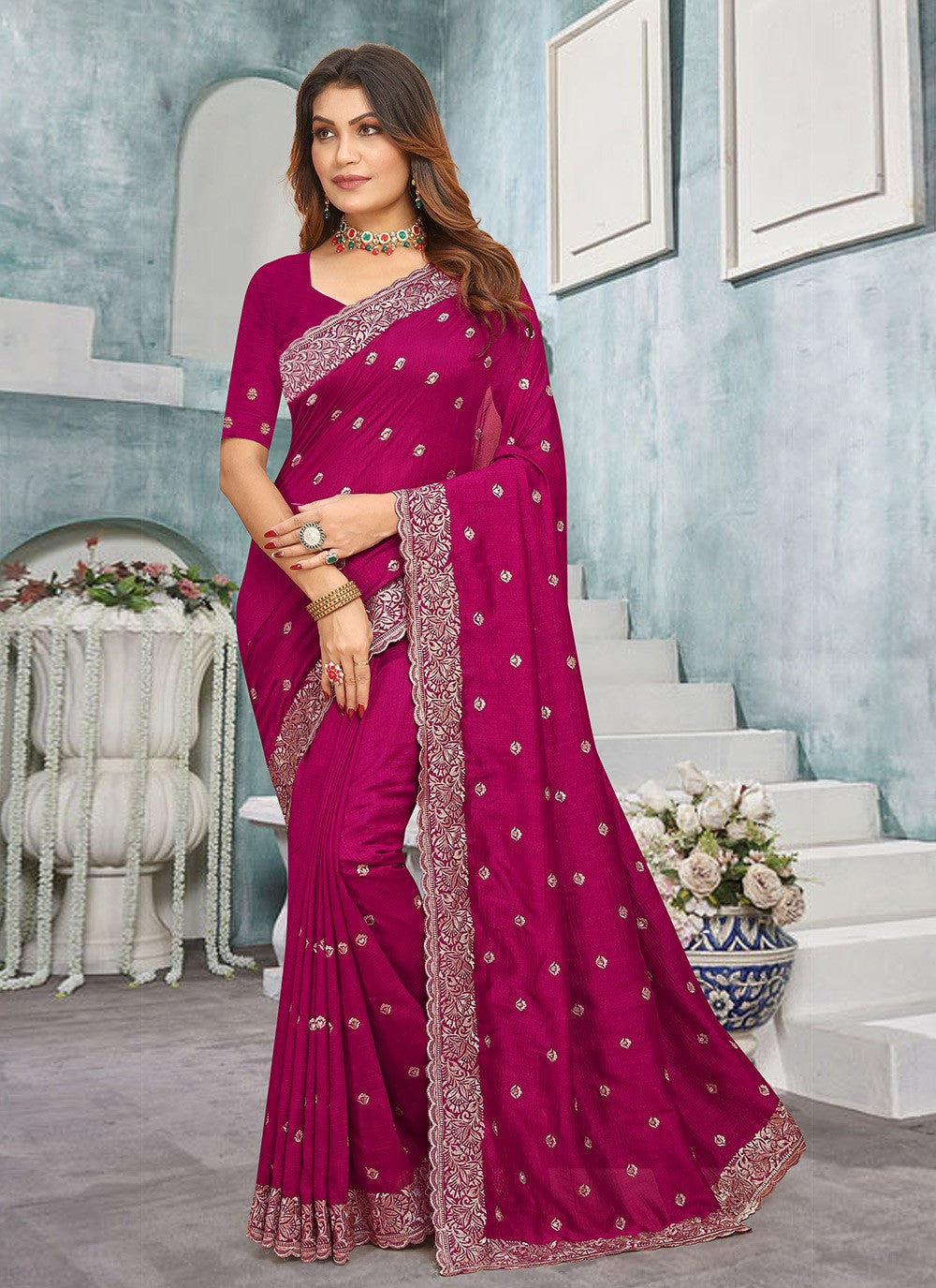 Traditional Embroidered Vichitra Silk Saree - S7737