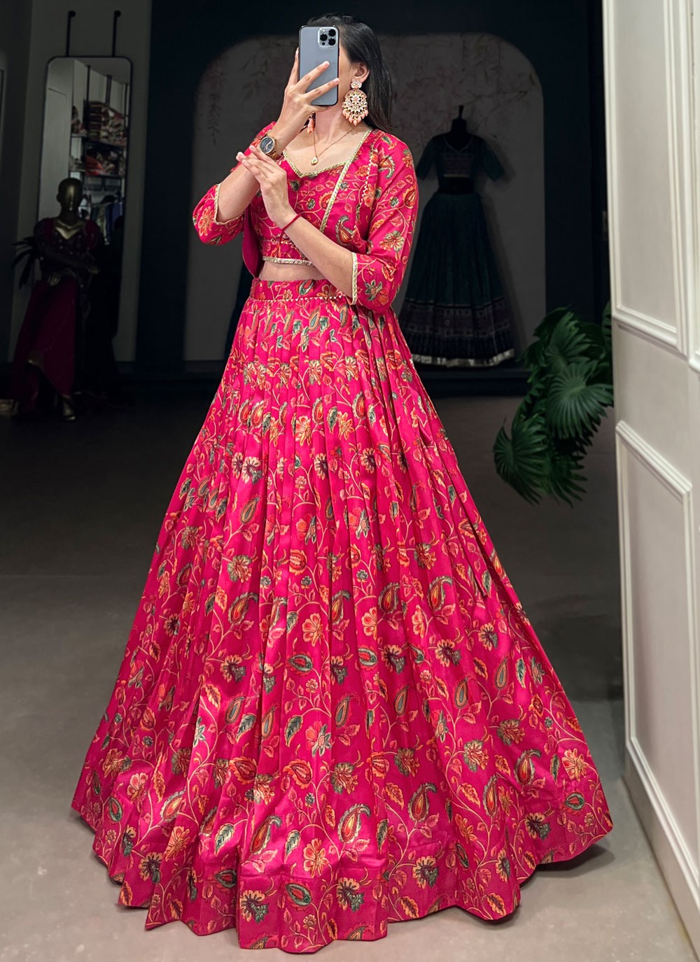 Foliage Prints Tussar Silk Readymade Lehenga Choli - L2878