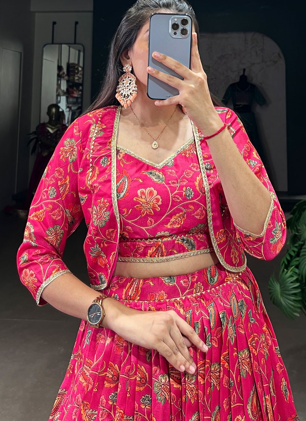 Foliage Prints Tussar Silk Readymade Lehenga Choli - L2878