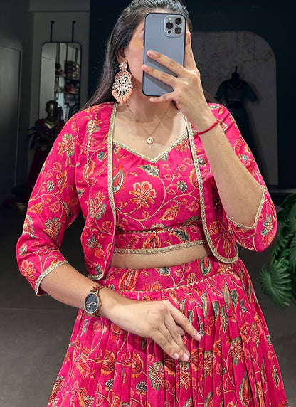 Foliage Prints Tussar Silk Readymade Lehenga Choli - L2878