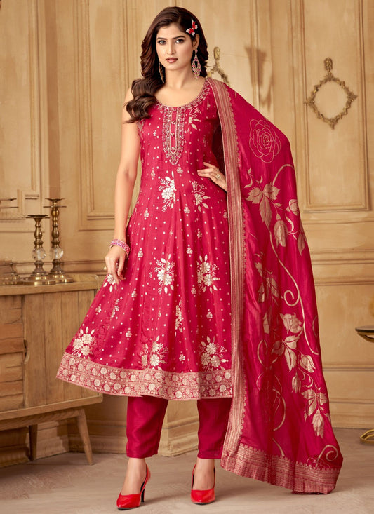 Salwar Suit Jacquard Work Hot Pink Silk T5562
