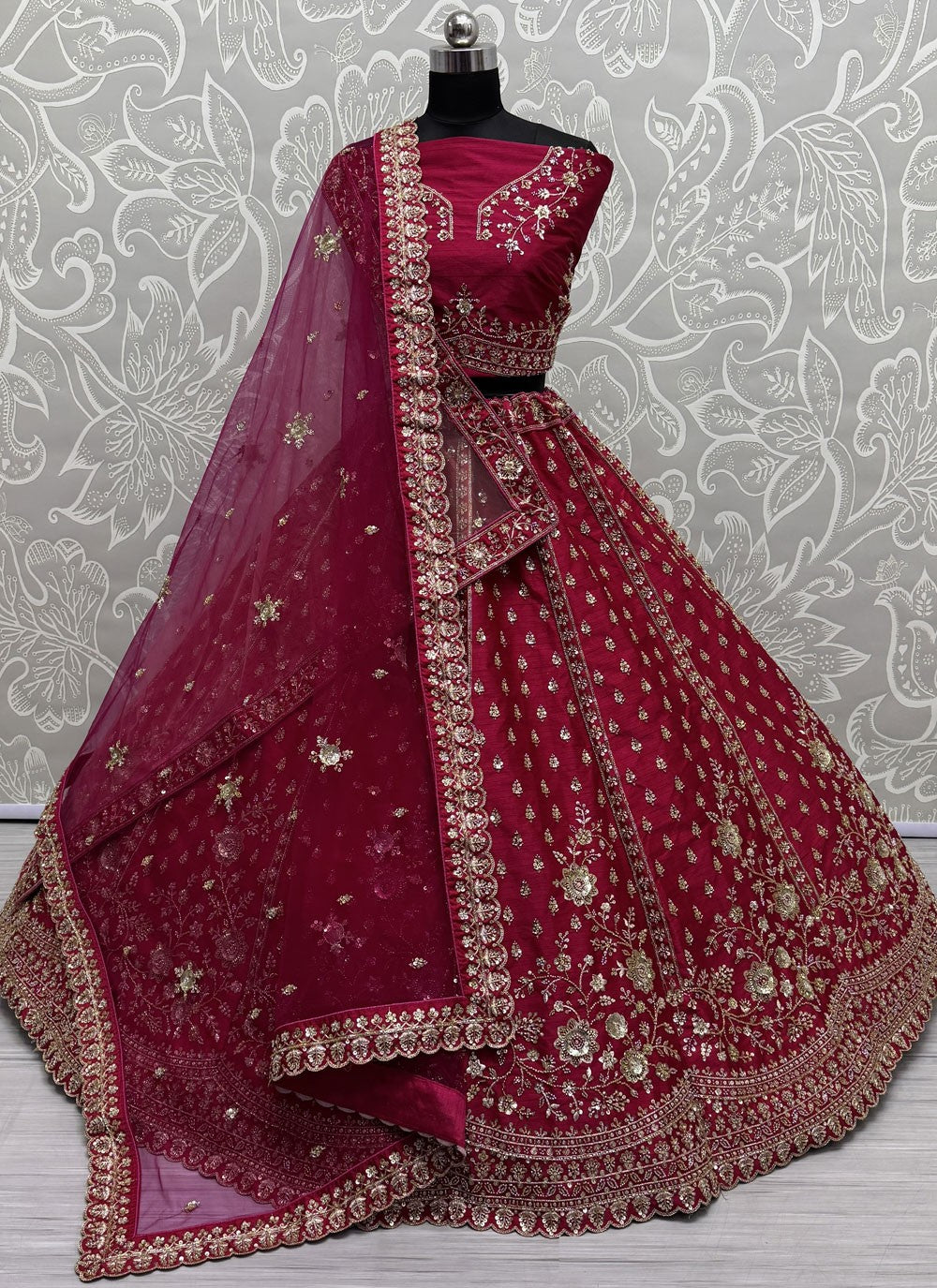 Crystals Silk Hot Pink A - Line Lehenga  L3786