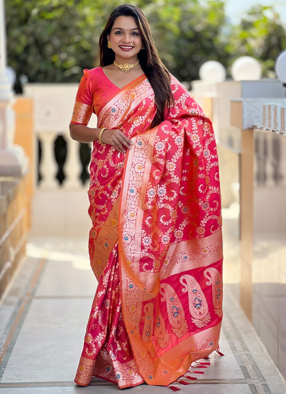 Meenakari Banarasi Silk Hot Pink Saree S14396