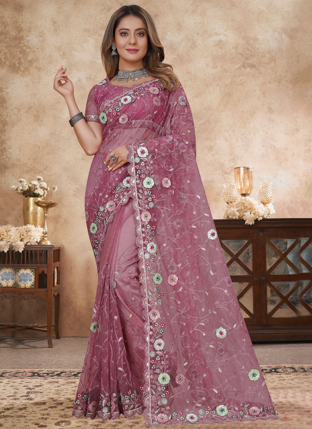 Hot Pink Net Designer Saree Cut Work, Embroidered, Multi Work, Resham, Sequins S16191