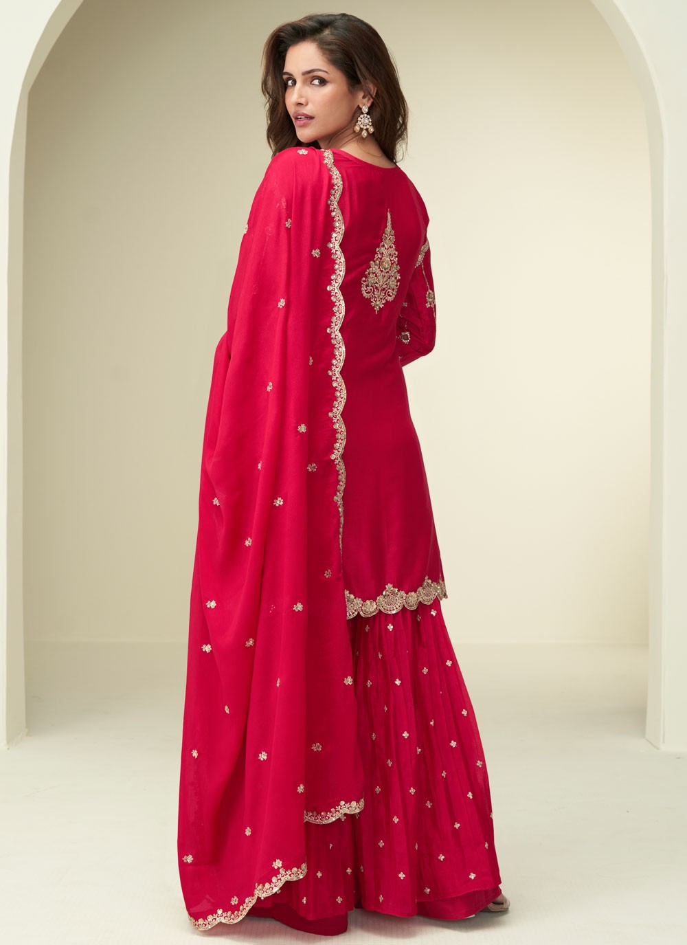 Palazzo Suit Embroidered, Zari Hot Pink T8264