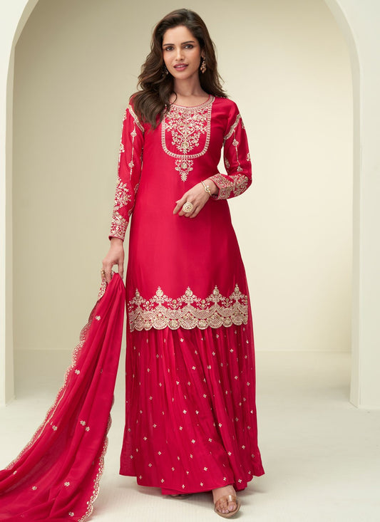 Palazzo Suit Embroidered, Zari Hot Pink T8264
