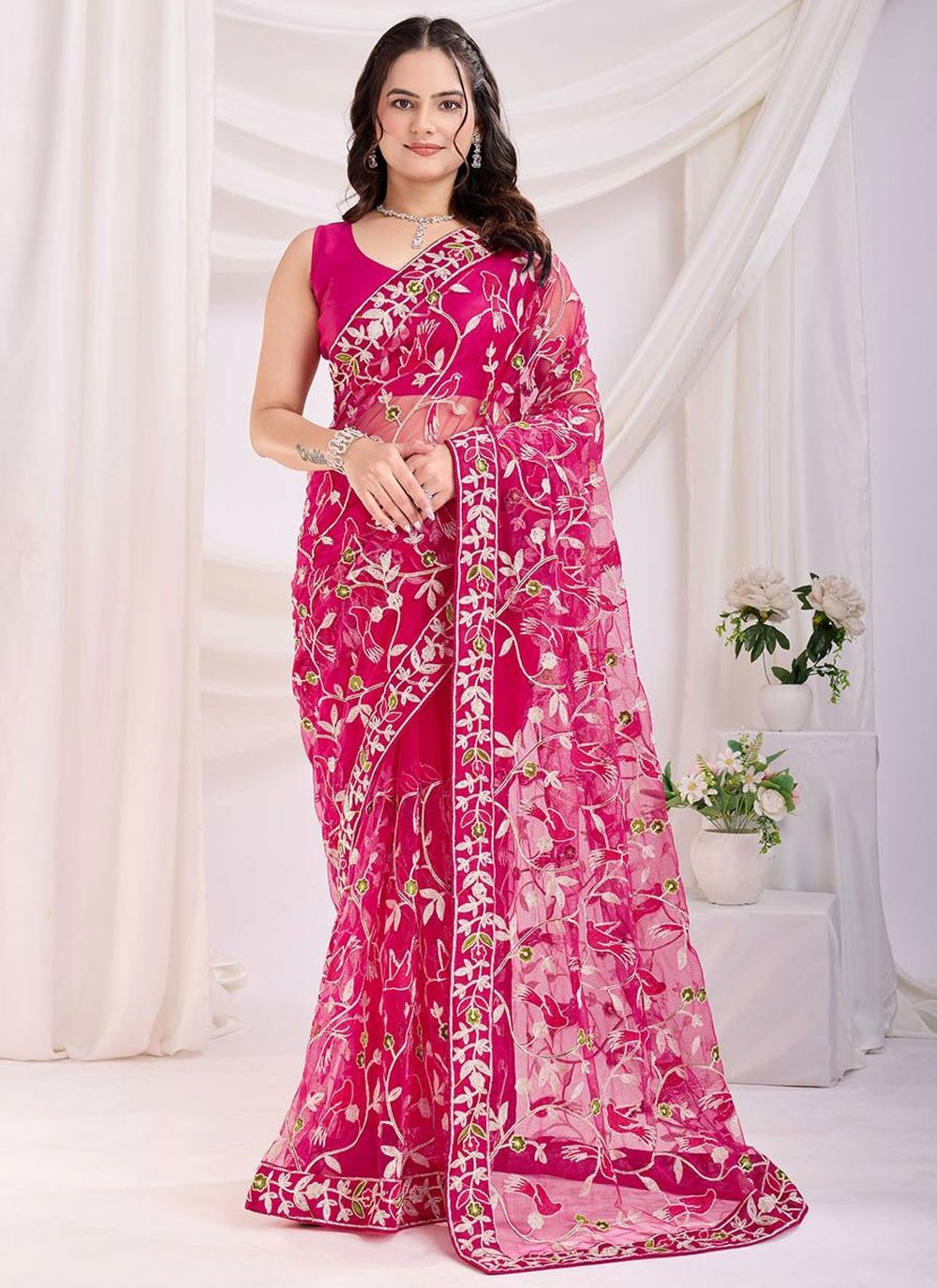 Traditional Chikankari Work Hot Pink Net Saree S13071