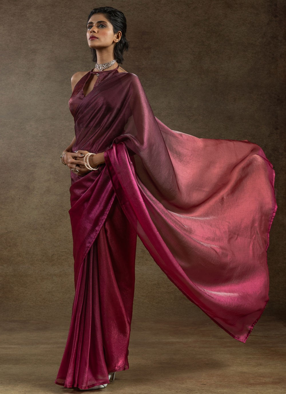 Plain Satin Silk Hot Pink Shaded Saree S15489