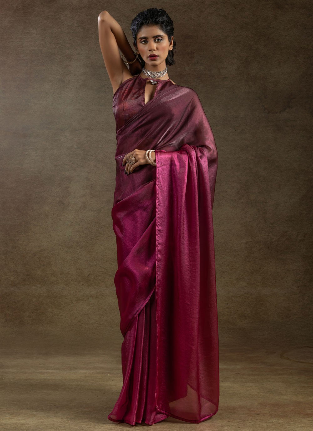 Plain Satin Silk Hot Pink Shaded Saree S15489