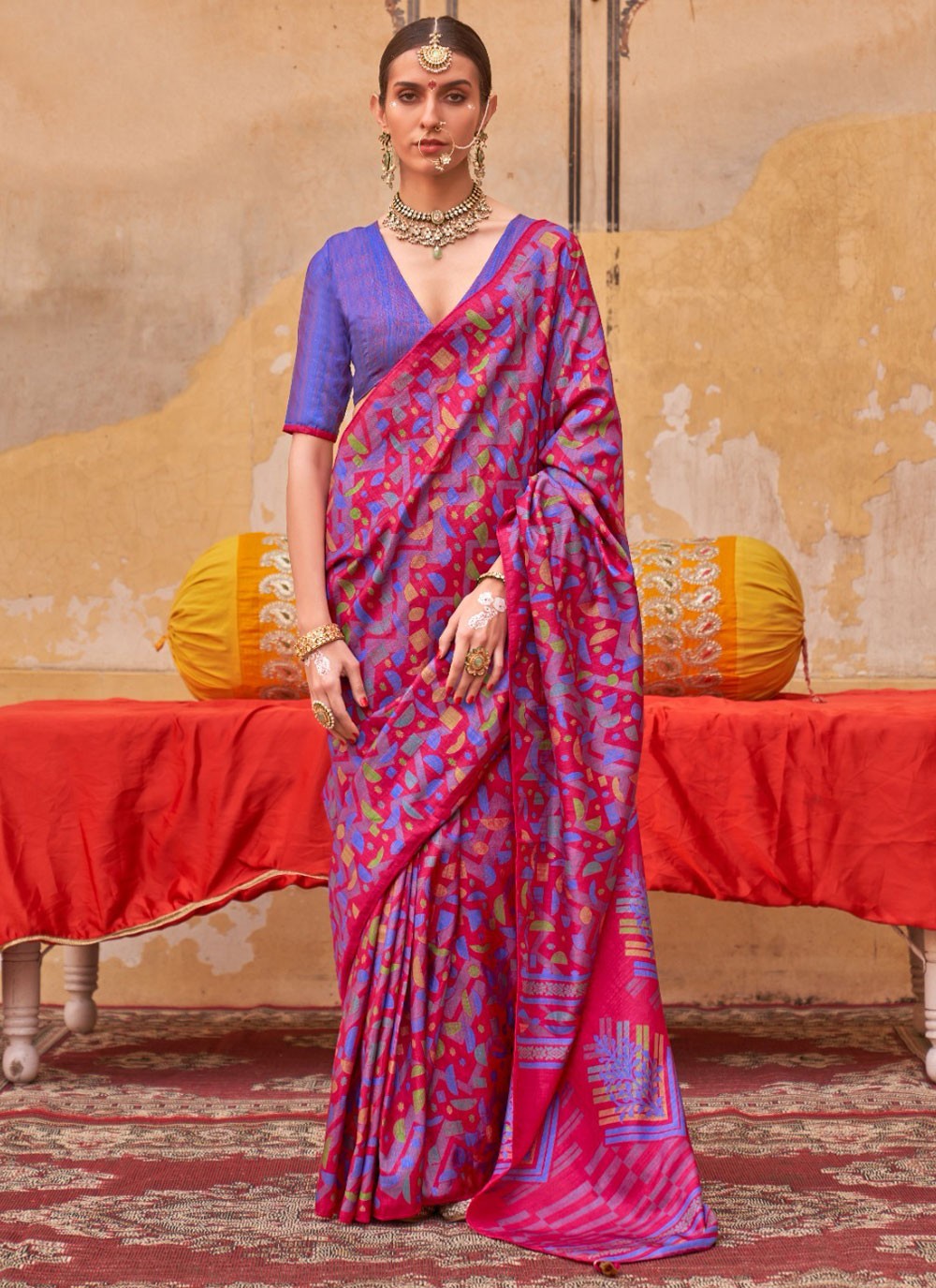 Fancy Work Silk Hot Pink Saree S14771