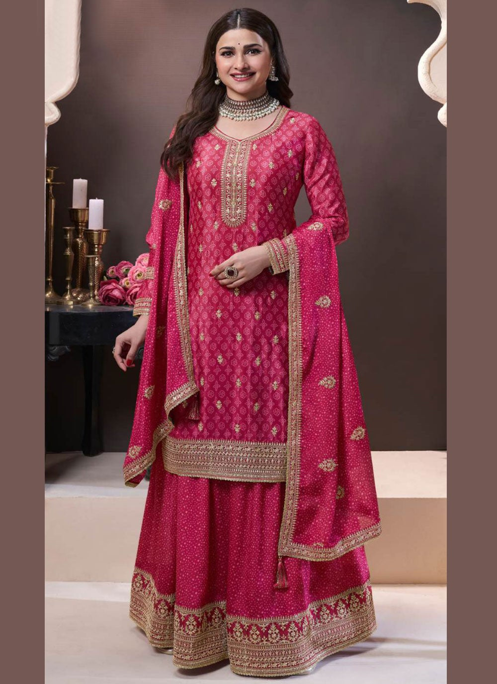 Embroidered Chinon Hot Pink Salwar Suit T6020