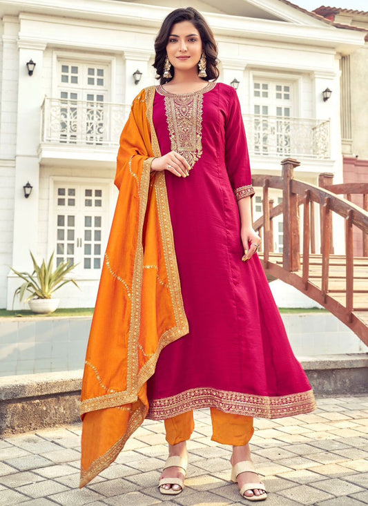 Salwar Suit Embroidered Hot Pink Vichitra Silk T5620