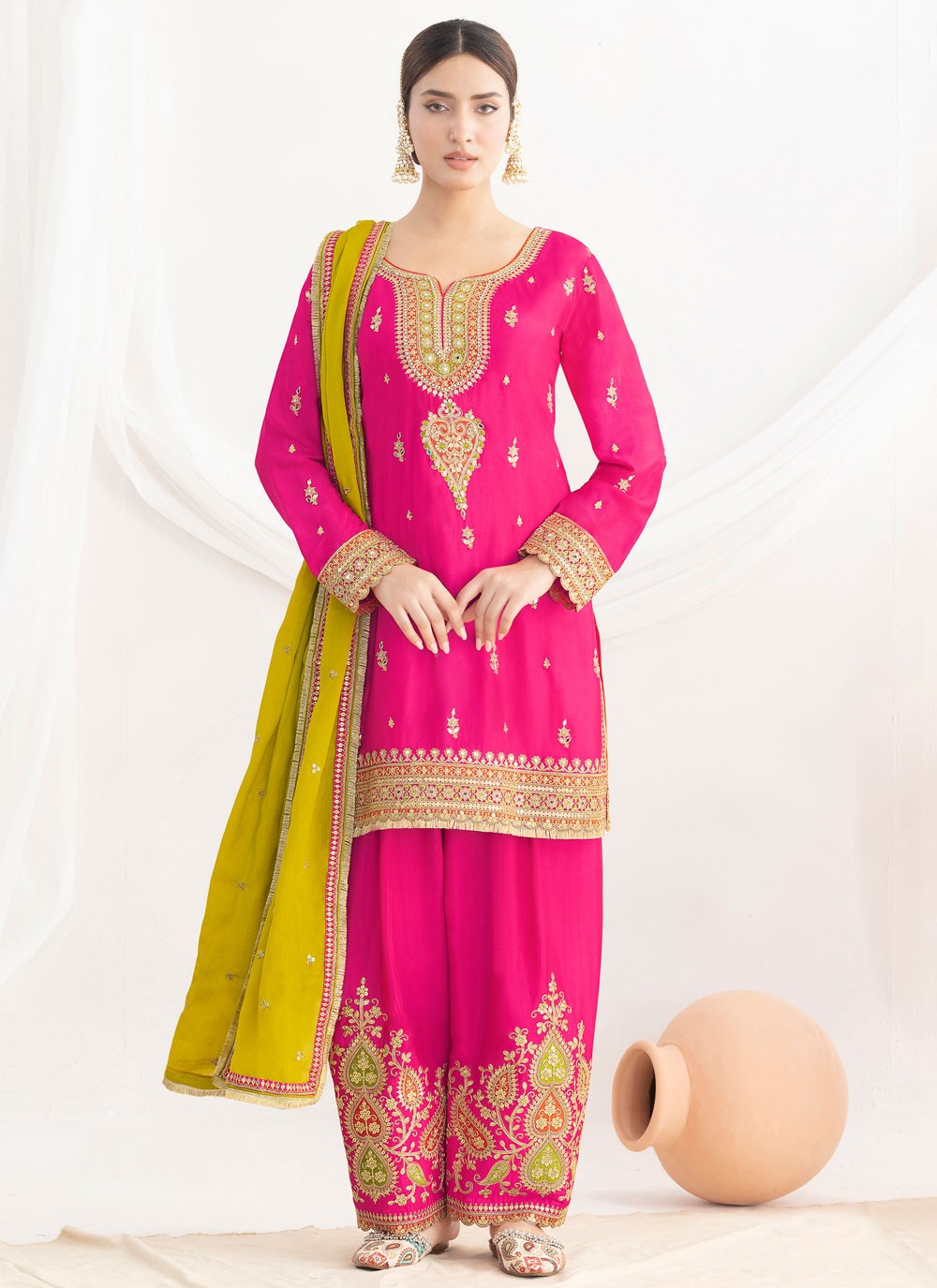 Salwar Suit Embroidered, Mirror, Sequins, Zari Hot Pink T8137